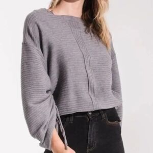 Index Ruched Sleeves Gray Knit cropped Sweater
